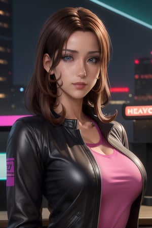 Kaoru Itou wearing a violet t-shirt, black jacket. She has a long brown hair. blue eyes. brown skin, big breasts, firm breasts, In the background a night city with neon lights, interactive elements, very detailed, ((Detailed face)), ((Detailed Half body)), silver jacket, Color Booster,  sciamano240, kaoru itou