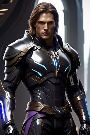 Sci-Fi. Ulrich Kain is a human being, a handsome man of 26 years old, ((caucasian)), long light_brown straight hair, light_brown eyes, muscular build.  ((Dark_Grey armor)). He wears a futuristic and highly cybernetic black armor. ((white ornaments)),  ((blue_purple lines)), baroque's iconography. Inspired by the art of Destiny 2 and the style of Guardians of the Galaxy.,perfecteyes