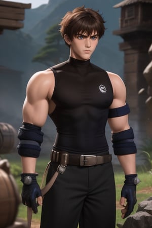 Gau Ban is a handsome young man, 16 years old, with abundant  spiky tea-brown hair, and navy blue eyes. Athletic build with defined muscles. He is a warrior, a lone warrior in a chaotic world. He wears a black Sleeveless shirt. black Arm Skin Protector Sleeves, black gloves,  baggy black pants. Interactive image, detailed image. sciamano240, 1boy, Gau Ban