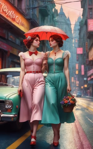 (The best quality, 8k, Highres, masterpiece), ultra detailed, (a couple of lesbians on the road), two beautiful women both in love with each other. The scene is represented in cake aesthetic realism, evoking a dream and surreal atmosphere. Despite the vintage photo style, the colors are soft and turned off, with a soft brightness that adds to the lovely environment of the wooded landscape. Lesbians serve as a focal point, their mysterious and intriguing presence in the context of the vast road extension. Feel free to add your own creative touches to improve the capricious charm and ethereal beauty of this unique and imaginative scene