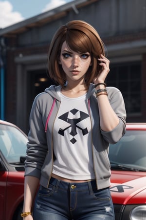 Max Caulfield, she is a hipster par excellence and prefers a sober style consisting of simple logo t-shirts and "generic jeans", a gray zip-up hoodie with a skull and crossbones design with sunglasses. and yellow writing that says "Swag Life." She has reddish brown hair, blue eyes, and freckles. She is wearing eyeshadow and eyeliner. She wears a set of three-color bracelets on her right wrist that appear to be silicone bracelets. sciamano240, fantasy, 