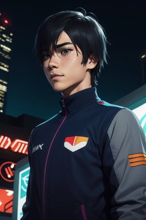 Hiro wearing the silver "Driver" jacket, black sweater, dark blue jeans. Hiro had an average build, height, and a standard "slim" male physique. Hiro is 16 years old. He had black, shaggy hair and rich blue eyes. In the background a night city with neon lights, interactive elements, very detailed, ((Detailed face)), ((Detailed Half body)), silver jacket, Color Booster, hiro_franxx,sciamano240