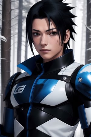 Sasuke, a handsome young man, 16 years old.  He has a black hair. black eyes. He is wearing a cybernetic armor, detailed cybernetic armor torso, armor torso, detailed arms, ((black, white, blue)). In the background a winter forest, interactive elements, very detailed, ((Detailed face)),  Color Booster,  sciamano240, s4suk3