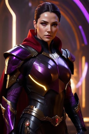 Sci-Fi. Atha Van Gryphab is a human being, a beautiful woman of 28 years old, ((caucasian)), short Dark_brown hair, slicked back haircut, purple eyes. muscular build.  ((black armor)). He wears a futuristic and highly cybernetic black armor. ((red cape)), ((golden ornaments)), ((purple lines)), baroque's iconography. Inspired by the art of Destiny 2 and the style of Guardians of the Galaxy.,perfecteyes