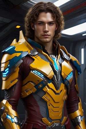 Sci-Fi. Lykaeon Sarkk is a human being, a handsome man of 25 years old, ((caucasian)), long dark_brown curly hair,amber eyes. athletic build.  ((yellow armor)). He wears a futuristic and highly cybernetic white armor. ((blue ornaments)), ((red lines)), wolf's iconography. Inspired by the art of Destiny 2 and the style of Guardians of the Galaxy.,perfecteyes