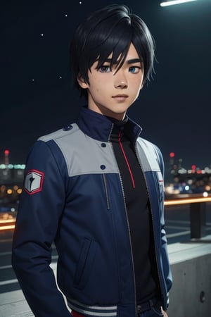 Hiro wearing the silver "Driver" jacket, black sweater, dark blue jeans. Hiro had an average build, height, and a standard "slim" male physique. Hiro is 16 years old. He had black, shaggy hair and rich blue eyes. In the background a night city with neon lights, interactive elements, very detailed, ((Detailed face)), ((Detailed Half body)), silver jacket, Color Booster, hiro_franxx,sciamano240