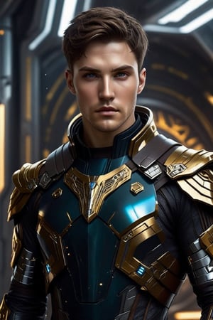 Sci-Fi. Nomus Sardauk is a human being, a handsome man of 25 years old, ((caucasian)), short straight brown hair, military haircut, grey eyes. athletic build.  ((silver armor)). He wears a futuristic and highly cybernetic black armor. ((golden ornaments)), ((blue lines)), crypto iconography. Inspired by the art of Destiny 2 and the style of Guardians of the Galaxy.,perfecteyes