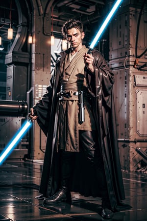 Jedi, Master, Male_Warrior, a handsome young man, Knight, 18 years old, black wavy hair, light olive skin, Black Trench_Coat, black leather Clothes, Fight_Traces, 1 Boy, 1 light sabre ,SateleShan,in jedioutfit,light_saber,black dress,cloth pieces