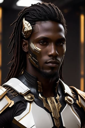 Sci-Fi. Andezo Sambedi is a human being, a handsome black man of 25 years old, ((dark skin)), long straight black hair, dreadlocks haircut, brown eyes. athletic build.  ((black armor)). He wears a futuristic and highly cybernetic black armor. ((golden ornaments)), ((white lines)), african's iconography. Inspired by the art of Destiny 2 and the style of Guardians of the Galaxy.,perfecteyes