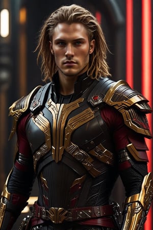 Sci-Fi. Siegfried Basgeal is a human being, a handsome man of 26 years old, ((caucasian)), ((light_brown dreadlocks haircut)), grey eyes, muscular build.  ((Dark_Grey armor)). He wears a futuristic and highly cybernetic black armor. ((golden ornaments)),  ((red lines)), baroque's iconography. Inspired by the art of Destiny 2 and the style of Guardians of the Galaxy.,perfecteyes