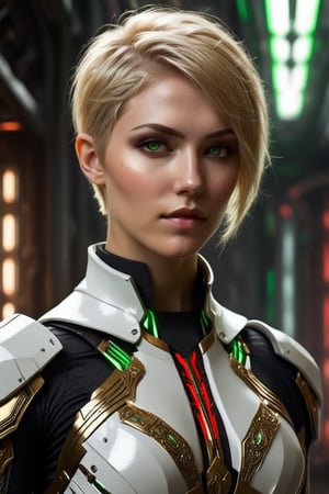 Sci-Fi. Annamartha Dawn is a human being, a beautiful woman of 25 years old, ((caucasian)), short blonde hair, pixie haircut, green eyes. muscular build.  ((white armor)). He wears a futuristic and highly cybernetic black armor. ((golden ornaments)), ((red lines)), templar's iconography. Inspired by the art of Destiny 2 and the style of Guardians of the Galaxy.,perfecteyes