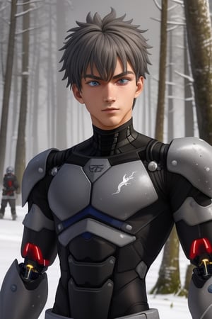 Gau Ban, a handsome young man, 16 years old.  He has a short dark_brown hair. blue eyes. He is wearing a cybernetic armor, detailed cybernetic armor torso, detailed arms, ((black, grey)). In the background a winter forest, interactive elements, very detailed, ((Detailed face)),  Color Booster,  sciamano240, Gau Ban