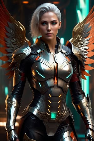 Sci-Fi. Ael Vanadia is a human being, a beautiful woman of 28 years old, ((caucasian)), long silver_white hair, slicked back haircut, turquoise eyes. muscular build.  ((Golden armor)). He wears a futuristic and highly cybernetic black armor. ((silver_grey detailed)), ((wings ornaments)), ((red_orange  lines)), baroque's iconography. Inspired by the art of Destiny 2 and the style of Guardians of the Galaxy.,perfecteyes
