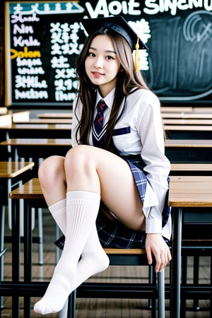 photorealistic, full body shot, korean, 21 years old, college student, school uniform, plaid miniskirt, beautiful face, face of a goddess, confident, white kneesocks, classroom chalkboard, perfect cute eyes,Sexy Pose, (wears tanga), upskirt showing tanga, butt, upskirt buttocks,Realism,<lora:659111690174031528:1.0>