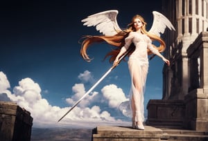 RAW photo, extremely delicate and beautiful, masterpiece, Best Quality, ultra high resolution, 16k, hyperrealistic, ultra-detailed, Very detailed CG 8k wallpaper, (best quality),(extremely intricate), (realistic), (sharp focus), (cinematic lighting), (extremely detailed), 

The girl angel warrior stands tall, her dual swords raised in the air. Her swords are long and slender, with blades that glow with a holy light. 

he archangel, standing aloft with thousands of angels, stands with his sword aloft.

She is wearing gleaming white armor, and 8 Angel Wings  are spread wide. She has a determined expression on her face, and her eyes are ablaze with determination. 

The girl angel warrior is not afraid. She has faced many challenges in her life, but she has always emerged victorious. She knows that she is fighting for what is right, and that gives her the strength to persevere. The girl angel warrior swings her Spear, and the air crackles with energy. She is a force to be reckoned with, and her enemies should beware. Here is a more specific example of dual Spear that the girl angel warrior could use: A pair of long, slender Spears with silver blades and golden hilts. The blades are engraved with ancient runes that glow with a holy light. The hilts are shaped like a pair of angel wings, and they are encrusted with precious gems. These Spears are not only beautiful, but they are also incredibly powerful. They are said to have been forged by a master Spearsmith in the fires of heaven, and that they are imbued with the power of the angels. The girl angel warrior is the only one who can wield these Spears to their full potential. She is a chosen one, and she has been entrusted with the task of protecting the innocent and fighting evil. With her dual Spears in hand, the girl angel warrior is a unstoppable force. She is a champion of justice and a protector of the innocent. She is a beacon of hope in a world that is often dark and dangerous.,

Dragon armor, dragon slayer, the heavenly palace, the high-heaven palace, the angels preparing for battle, grant hall, shimmer lighting, black and white, cross bokeh,  soft focus background, vast view, 3d, midjourney ,no_humans, Dreamscape,

Beautiful Lighting, Perfect Lightning, Realistic Shadows, perfect anatomy, super Detailed skin, perfect figure,early 20s, pretty, sexy, highly detailed cute face, very large breast, voluminous breast, hourglass body shape, narrow waist, 

very small head, handsome detailed woman, very detailed eyes and face, realistic face proportions, Stunning detailed eyes, Realistic beautiful face, very small face, Realistic beautiful eyes, makeup, earring, bare legs, beautiful and very shiny thin legs, beautiful and very thin thighs,

Cute girl, long curly blonde hair, a pure white dress, blue eyes, fabulous white see-through korea-style clothes with complex patterns, see-through lace, (see-through mesh stockings), long heel, jewelry and jewelry, floating silk ribbons, masterpiece, high detail, complex and detailed background, in the background the space, a small a trickle, early morning, dew on the leaves, a light fog has almost dissipated, a mystical atmosphere, volumetric lighting, thin with a graceful figure,

 low contrast, rooftop, ancient korea, dynamic move, at night, landscape photo, ,dragon ear, gullveig, fullbody,huoshen,mecha
,fireman,mecha,mecha musume, angel, wings,iron, metal, eight-wing archangel, 8 Angel Wings,

,fate/stay background,4rmorbre4k,EpicSky,marb1e4rmor,chibi,renaissance,armor,leoarmor,l4tex4rmor,wings,blessedtech