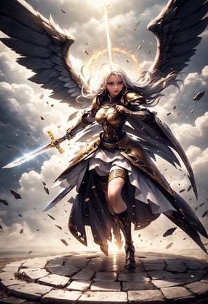 RAW photo, extremely delicate and beautiful, masterpiece, Best Quality, ultra high resolution, 16k, hyperrealistic, ultra-detailed, Very detailed CG 8k wallpaper, (best quality),(extremely intricate), (realistic), (sharp focus), (cinematic lighting), (extremely detailed), 

The girl angel warrior stands tall, her dual swords raised in the air. Her swords are long and slender, with blades that glow with a holy light. 

he archangel, standing aloft with thousands of angels, stands with his sword aloft.

She is wearing gleaming white armor, and 8 Angel Wings  are spread wide. She has a determined expression on her face, and her eyes are ablaze with determination. 

The girl angel warrior is not afraid. She has faced many challenges in her life, but she has always emerged victorious. She knows that she is fighting for what is right, and that gives her the strength to persevere. The girl angel warrior swings her swords, and the air crackles with energy. She is a force to be reckoned with, and her enemies should beware. Here is a more specific example of dual swords that the girl angel warrior could use: A pair of long, slender swords with silver blades and golden hilts. The blades are engraved with ancient runes that glow with a holy light. The hilts are shaped like a pair of angel wings, and they are encrusted with precious gems. These swords are not only beautiful, but they are also incredibly powerful. They are said to have been forged by a master swordsmith in the fires of heaven, and that they are imbued with the power of the angels. The girl angel warrior is the only one who can wield these swords to their full potential. She is a chosen one, and she has been entrusted with the task of protecting the innocent and fighting evil. With her dual swords in hand, the girl angel warrior is a unstoppable force. She is a champion of justice and a protector of the innocent. She is a beacon of hope in a world that is often dark and dangerous.,

Dragon armor, dragon slayer, dragon sword, the heavenly palace, the high-heaven palace, the angels preparing for battle, grant hall, shimmer lighting, black and white, cross bokeh,  soft focus background, vast view, 3d, midjourney ,no_humans, Dreamscape,

Beautiful Lighting, Perfect Lightning, Realistic Shadows, perfect anatomy, super Detailed skin, perfect figure,early 20s, pretty, sexy, highly detailed cute face, very large breast, voluminous breast, hourglass body shape, narrow waist, 

very small head, handsome detailed woman, very detailed eyes and face, realistic face proportions, Stunning detailed eyes, Realistic beautiful face, very small face, Realistic beautiful eyes, makeup, earring, bare legs, beautiful and very shiny thin legs, beautiful and very thin thighs,

Cute girl, long curly blonde hair, a pure white dress, blue eyes, fabulous white see-through korea-style clothes with complex patterns, see-through lace, (see-through mesh stockings), long heel, jewelry and jewelry, floating silk ribbons, masterpiece, high detail, complex and detailed background, in the background the space, a small a trickle, early morning, dew on the leaves, a light fog has almost dissipated, a mystical atmosphere, volumetric lighting, thin with a graceful figure,

 low contrast, rooftop, ancient korea, dynamic move, at night, landscape photo, ,dragon ear, gullveig, fullbody,huoshen,mecha
,fireman,mecha,mecha musume, angel, wings,iron, metal, eight-wing archangel, 8 Angel Wings,

,fate/stay background,4rmorbre4k,EpicSky