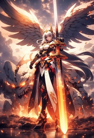 RAW photo, extremely delicate and beautiful, masterpiece, Best Quality, ultra high resolution, 16k, hyperrealistic, ultra-detailed, Very detailed CG 8k wallpaper, (best quality),(extremely intricate), (realistic), (sharp focus), (cinematic lighting), (extremely detailed), 

The girl angel warrior stands tall, her dual swords raised in the air. Her swords are long and slender, with blades that glow with a holy light. 

he archangel, standing aloft with thousands of angels, stands with his sword aloft.

She is wearing gleaming white armor, and 8 Angel Wings  are spread wide. She has a determined expression on her face, and her eyes are ablaze with determination. 

The girl angel warrior is not afraid. She has faced many challenges in her life, but she has always emerged victorious. She knows that she is fighting for what is right, and that gives her the strength to persevere. The girl angel warrior swings her swords, and the air crackles with energy. She is a force to be reckoned with, and her enemies should beware. Here is a more specific example of dual swords that the girl angel warrior could use: A pair of long, slender swords with silver blades and golden hilts. The blades are engraved with ancient runes that glow with a holy light. The hilts are shaped like a pair of angel wings, and they are encrusted with precious gems. These swords are not only beautiful, but they are also incredibly powerful. They are said to have been forged by a master swordsmith in the fires of heaven, and that they are imbued with the power of the angels. The girl angel warrior is the only one who can wield these swords to their full potential. She is a chosen one, and she has been entrusted with the task of protecting the innocent and fighting evil. With her dual swords in hand, the girl angel warrior is a unstoppable force. She is a champion of justice and a protector of the innocent. She is a beacon of hope in a world that is often dark and dangerous.,

Dragon armor, dragon slayer, dragon sword, the heavenly palace, the high-heaven palace, the angels preparing for battle, grant hall, shimmer lighting, black and white, cross bokeh,  soft focus background, vast view, 3d, midjourney ,no_humans, Dreamscape,

Beautiful Lighting, Perfect Lightning, Realistic Shadows, perfect anatomy, super Detailed skin, perfect figure,early 20s, pretty, sexy, highly detailed cute face, very large breast, voluminous breast, hourglass body shape, narrow waist, 

very small head, handsome detailed woman, very detailed eyes and face, realistic face proportions, Stunning detailed eyes, Realistic beautiful face, very small face, Realistic beautiful eyes, makeup, earring, bare legs, beautiful and very shiny thin legs, beautiful and very thin thighs,

Cute girl, long curly blonde hair, a pure white dress, blue eyes, fabulous white see-through korea-style clothes with complex patterns, see-through lace, (see-through mesh stockings), long heel, jewelry and jewelry, floating silk ribbons, masterpiece, high detail, complex and detailed background, in the background the space, a small a trickle, early morning, dew on the leaves, a light fog has almost dissipated, a mystical atmosphere, volumetric lighting, thin with a graceful figure,

 low contrast, rooftop, ancient korea, dynamic move, at night, landscape photo, ,dragon ear, gullveig, fullbody,huoshen,mecha
,fireman,mecha,mecha musume, angel, wings,iron, metal, eight-wing archangel, 8 Angel Wings,

,fate/stay background,4rmorbre4k,EpicSky,marb1e4rmor