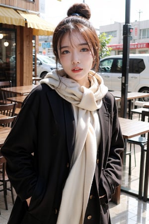 best quality, masterpiece, (photorealistic:1.4), 1girl, hairbun, long_sleeve, hoodie, coat, cold, scarf, skirts,outdoor, cafe, (happy:0.88)