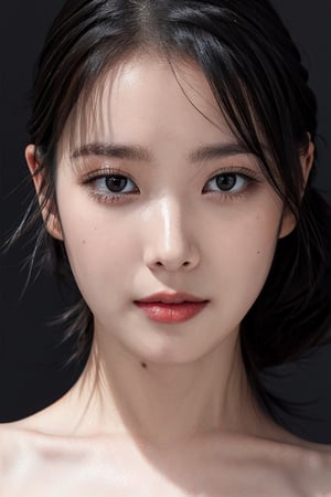 1girl,  (close-up photograph),  (extremely detailed face), ((nude)), ((looking straight)),  looking_at_viewer,  (black hair), (grey plain background), ,,iulorashy