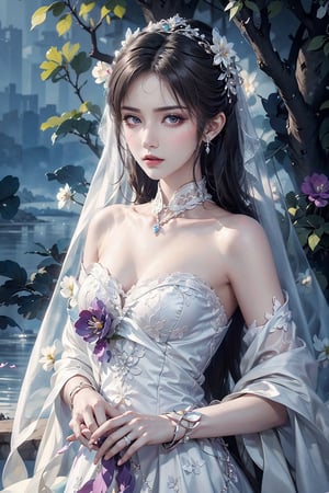 Shape a 20 year old young woman, masterpiece, best quality, official art, very detailed CG unified 8k wallpaper, 1 girl, white hair, purple eyes, angry, frowning

The hair was vintage hairstyle, gorgeous lace veil, wearing a wedding dress, delicate lace, white wedding dress to fit the curve of her body, smoothly extended to the ground, like a dreamlike cloud. The neckline and cuffs of the wedding dress were sparkled with delicate pearls and diamonds, and a plain and noble wedding ring was worn on the hand