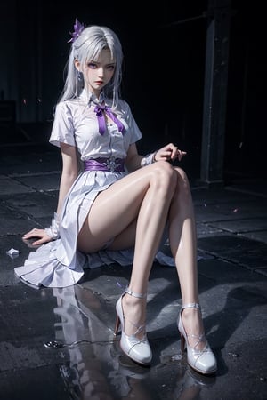 Masterpiece, best quality, official art, very detailed CG unified 8k wallpaper, 1 girl, long white hair, purple eyes, angry, furrowed brows, full body, front, toe tight, white shirt, white pleated skirt, short skirt, white stockings, white high heels, green playground, hands behind the back