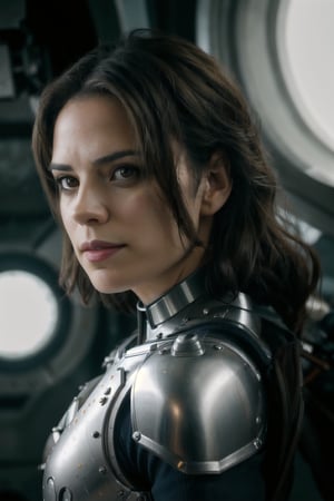 woman, cyborg armor, spaceship interior setting, depth of field,  photo realistic,  pores,  photograph,  50mm,  sharp focus,  high detail,  subsurface scattering,  realism, Hayley Atwell, body shot