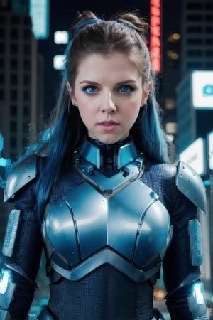 Anna Kendrick, blue eyes, blue hair up in a bun, cyborg armor, futuristic neon city background, half_body, photo realistic,  pores,  photograph,  50mm,  sharp focus,  high detail,  subsurface scattering




