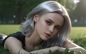 cute woman,cell shader,hdr, beautiful hair, glow skin, ambiente occlussion,glossy hair, dimitrescu, cute lips,silver melting hair, model hair, evening, fassion, wind, leaves,laying on the grass, romantic,3d style, hands up, melancolic, pale skin, lovely lips, cute lips, Evan Rachel Wood,hubg_mecha_girl, chrome hair, inlove, iron hair, android iron face