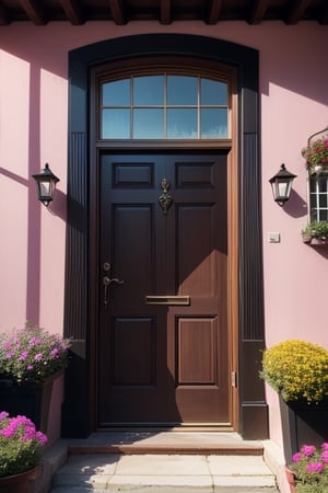 house, valconyfuturehouse brown  door, pink and black base wall, window,  with valcony and flowers, mornimg, cute, glow, tradicional, bike