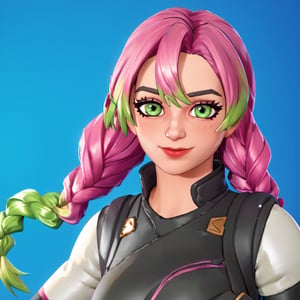 Mitsuri Kanroji, (EmWat69), 1girl, female, portrait, pink and green hair, long hair, light green eyes, pupil, (cycles render:1.3), caustics, blue background, (glossy:0.56), (artstation:0.81), unreal engine, fortnite,fortnite,mitsuri(demon slayer)