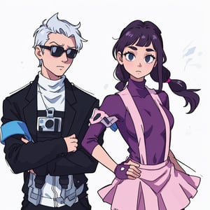 A masterpiece in 16K resolution, with the highest level of quality, sharpness and detail, a couple, the boy is wearing a white turtleneck sweatshirt and a black suit, he has dark sunglasses with light blue edges, the girl is wearing a complete black lycra suit, a pink skirt with pink straps and big boobs.,ANIME ,cartoon,Shadman,<lora:659111690174031528:1.0>