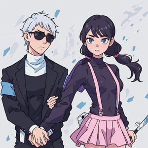 A masterpiece in 16K resolution, with the highest level of quality, sharpness and detail, a couple, the boy is wearing a white turtleneck sweatshirt and a black suit, he has dark sunglasses with light blue edges, the girl is wearing a complete black lycra suit, a pink skirt with pink straps and big boobs.,ANIME ,cartoon,Shadman,<lora:659111690174031528:1.0>