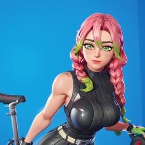 Mitsuri Kanroji,cuerpo completo, (EmWat69), 1girl, female, portrait, pink and green hair, long hair, light green eyes, pupil, (cycles render:1.3), caustics, blue background, (glossy:0.56), (artstation:0.81), unreal engine, fortnite,fortnite,mitsuri(demon slayer)