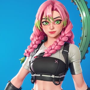 Mitsuri Kanroji,cuerpo completo, (EmWat69), 1girl, female, portrait, pink and green hair, long hair, light green eyes, pupil, (cycles render:1.3), caustics, blue background, (glossy:0.56), (artstation:0.81), unreal engine, fortnite,fortnite,mitsuri(demon slayer)