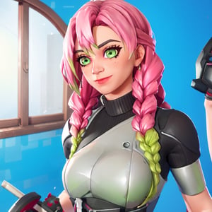 Mitsuri Kanroji, (EmWat69), 1girl, female, portrait, pink and green hair, long hair, light green eyes, pupil, (cycles render:1.3), caustics, blue background, (glossy:0.56), (artstation:0.81), unreal engine, fortnite,fortnite,mitsuri(demon slayer)