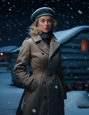 masterpiece, 8k, HDR, best quality, (highly detailed skin), photography, analog style, real life, extremely beautiful, (highly detailed, intricately detailed), (attractive expression), ultra high resolution, British woman, in the military camp, night, snowy, beret, overcoat, skirt, (face and eyes details)