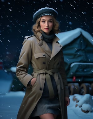 masterpiece, 8k, HDR, best quality, (highly detailed skin), photography, analog style, real life, extremely beautiful, (highly detailed, intricately detailed), (attractive expression), ultra high resolution, French woman, in the military camp, night, snowy, beret, overcoat, skirt, (face and eyes details)