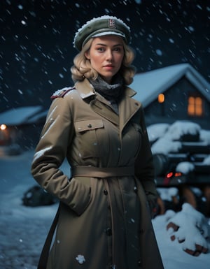 masterpiece, 8k, HDR, best quality, (highly detailed skin), photography, analog style, real life, extremely beautiful, (highly detailed, intricately detailed), (attractive expression), ultra high resolution, German woman, in the military camp, night, snowy, beret, overcoat, skirt, (face and eyes details)