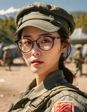 masterpiece, 8k, HDR, best quality, (highly detailed skin), photography, analog style, real life, extremely beautiful, (highly detailed, intricately detailed), (alluring eyes), ultra high resolution, Korean woman, in the military camp, sunny, sweaty, beret, glasses,