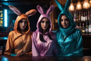 naughty Afghan girls wearing bunny outfit in the bar, night, (face and skin details), (best quality, 4k, 8k, masterpiece, realistic, ultra-detailed), 