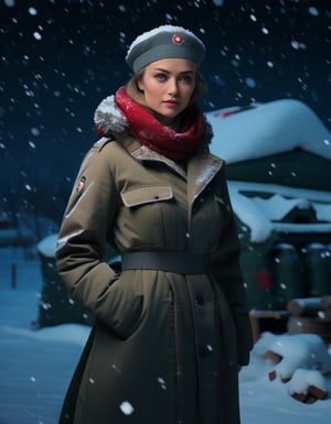 masterpiece, 8k, HDR, best quality, (highly detailed skin), photography, analog style, real life, extremely beautiful, (highly detailed, intricately detailed), (attractive expression), ultra high resolution, Russian woman, in the military camp, night, snowy, beret, overcoat, skirt, (face and eyes details)