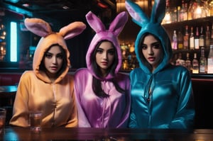 naughty Iranian girls wearing bunny outfit in the bar, night, (face and skin details), (best quality, 4k, 8k, masterpiece, realistic, ultra-detailed), 