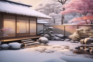 Japan, backyard, winter, masterpiece, best quality, realistic,