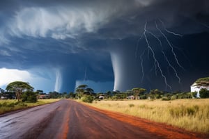 Australia wild, village, thunderstorm, (masterpiece, best quality, likelife, naturalistic)