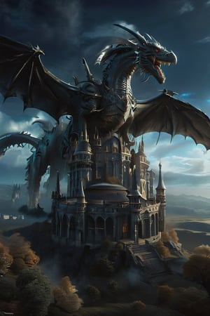 Genera una representación de un dragón majestuoso volando sobre un castillo en llamas, en una batalla épica,monster,Renaissance Sci-Fi Fantasy,DonMn1ghtm4reXL