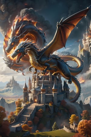 Genera una representación de un dragón majestuoso volando sobre un castillo en llamas, en una batalla épica,monster,Renaissance Sci-Fi Fantasy,DonMn1ghtm4reXL,fire element