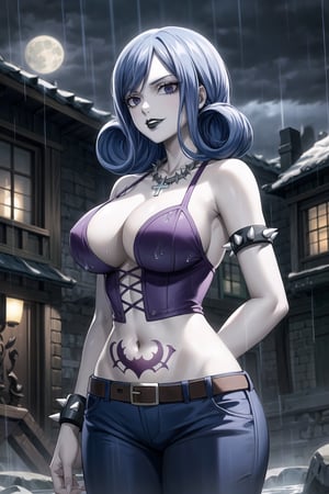 ((best quality)), ((highly detailed)), masterpiece, ((official art)), detailed face, beautiful face, (detailed eyes, deep eyes),(cowboy shot:1.1),juviafisu, blue hair, (lips), looking at viewer, grin, teeth,(RockOfSuccubus),middle finger, large breasts, navel,(purple), cleavage, midriff, belt, pants, (tattoo:1.1), pubic tattoo,makeup, (colored skin:1.3), (black lips:1.3),(lipstick), (pale skin:1.5), cross-laced clothes, (spiked bracelet), necklace, bustier,scenary, city, outdoors, (rain:1.2), (water drop:1.2), night, sky, moon,intricately detailed, hyperdetailed, blurry background,depth of field, best quality, masterpiece, intricate details, tonemapping, sharp focus, hyper detailed, trending on Artstation,1 girl, high res, official art, (arms_behind_back)