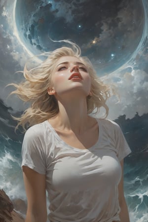 The constellations form infinite paisleys in the sky The condensation tumbles down and erases all my sight And is it in the nightmare map of the cosmos up high? Or is it in the signs? Or stranger still,  just in my eyes?,  art by Clayton Crain,  Stjepan Sejic,  Rachel Walpole,  Jeszika Le Vye,  Peter Mohrbacher,  thunder and portal and dark magic and starlight,  (glowing pupils,  detailed eyes),  1girl,  looking ((crying!!)),  wet white shirt,  blond,  sexy,  Saturn,  Jupiter,  canyon,  cliffs,  ocean,  waves,  Fisheye Lens,  view_from_below,  low_angle,  Leonardo Style