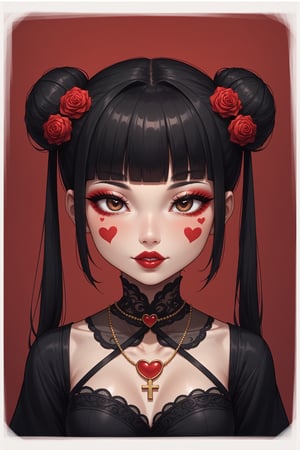 dal-1, 1girl, solo, looking at viewer, short hair, black hair, hair ornament, dress, closed mouth, jewelry, twintails, brown eyes, upper body, flower, heart, frills, parted lips, blunt bangs, hair flower, necklace, hair bun, black dress, eyelashes, clothing cutout, tattoo, double bun, makeup, border, rose, facial mark, portrait, cross, red flower, white border, red background, lace, red rose, red lips, red theme, heart tattoo, heart facial mark
,CONCEPT_irezumi_YakuzaTattoo_ownwaifu,score_9