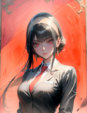 (masterpiece:1.3),best quality,official art,(beautiful and aesthetic:1.3),1girl,solo,official art,(oil painting style:1.2),Yor Forger from , black long hair,straight bangs, (symmetrical bangs:1.2), beige hairband, curled hair ends, red eyes, black suit, red tie, gold earrings,killing intent, half-body shot, turn around,depth of field, light red background,portrait,aesthetic